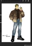  1boy art_program_in_frame bara beard_stubble belt cup denim disposable_cup facial_hair full_body highres jacket jeans male_focus oc_(powerlesssong) one_eye_closed original pants powerlesssong shirt_tucked_in shoes short_hair smile sneakers solo standing stubble thick_eyebrows 