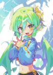  1girl absurdres brown_eyes crop_top draco_centauros dragon_girl dragon_horns dragon_tail dragon_wings fang green_eyes highres horns long_sleeves navel offbeat open_mouth pointy_ears puyopuyo short_hair solo tail wings 