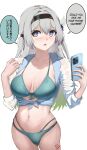  1girl absurdres aqua_bikini bikini black_hairband blush breasts cellphone commentary_request cowboy_shot firefly_(honkai:_star_rail) grey_hair hairband hands_up highres holding holding_phone honkai:_star_rail honkai_(series) kagurachi large_breasts long_hair looking_at_viewer navel phone purple_eyes shirt simple_background smartphone solo speech_bubble standing stomach swimsuit thighs tied_shirt translation_request very_long_hair white_background white_shirt 