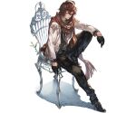  1boy ahoge annoyed arm_on_knee bishounen black_gloves black_shirt boots brown_hair brown_scarf buttons chair dress_shirt floating_scarf full_body gloves granblue_fantasy hair_between_eyes high_heel_boots high_heels jacket knee_up light_frown looking_to_the_side minaba_hideo official_alternate_costume official_art on_chair open_clothes open_jacket plant red_eyes sandalphon_(granblue_fantasy) scarf shadow shirt tachi-e transparent_background vines white_jacket 