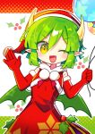  1girl absurdres balloon brown_eyes draco_centauros dragon_girl dragon_horns dragon_tail dragon_wings dress elbow_gloves fang gloves green_hair hat highres holding holding_balloon horns looking_at_viewer offbeat one_eye_closed open_mouth pointy_ears puyopuyo red_dress red_gloves red_hat santa_costume santa_hat short_hair solo tail wings 