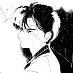  1boy black_hair close-up eyelashes from_side greyscale holding holding_umbrella jacket light_frown looking_to_the_side male_focus monochrome original rain retro_artstyle shundei_(enig) thick_eyebrows umbrella water_drop 