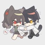  1boy 1girl :d :o absurdres animal_ears ayin_(project_moon) barefoot black_hair black_pants blush brown_hair carmen_(project_moon) cat_boy cat_ears cat_girl cat_tail chibi coat fevercat flying_sweatdrops from_side green_shirt grey_skirt hair_between_eyes heart hetero highres holding_hands kemonomimi_mode lab_coat looking_at_another one_eye_closed open_mouth outstretched_arm pants pencil_skirt ponytail project_moon red_eyes shirt short_hair sidelocks simple_background skirt smile spoken_heart tail white_background white_coat yellow_eyes 