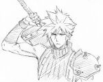  1boy arm_up closed_mouth cloud_strife final_fantasy final_fantasy_vii hair_between_eyes holding holding_sword holding_weapon kubo_tite_(style) looking_at_viewer monochrome muscular muscular_male nose parody rakusakugk serious short_hair simple_background sketch solo spiked_hair style_parody sword tsurime upper_body v-shaped_eyebrows weapon white_background 