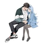  1boy 1girl absurdres ahoge blue_coat blue_hair blush coat couple full_body hetero highres holding_hands jacket jewelry kise_itsuki loafers long_hair looking_at_another necklace one_eye_closed open_clothes open_coat open_jacket open_mouth original pantyhose revision shoes simple_background sitting smile sneakers sweater white_background yellow_eyes 