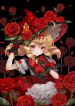  1girl black_gloves blonde_hair bow corset flower genshin_impact gloves hair_bow hand_on_own_chest hat hat_flower highres kim_eul_bong klee_(genshin_impact) light_smile looking_at_viewer parted_lips pointy_ears puffy_short_sleeves puffy_sleeves red_bow red_corset red_eyes red_flower red_hat red_rose red_skirt rose shirt short_sleeves skirt solo white_shirt witch_hat 
