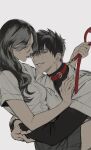  1boy 1girl black_hair couple dark_skin eye_contact hand_on_another&#039;s_chest hetero highres holding holding_leash holding_waist hug leash long_hair looking_at_another miyama_kirishima oxi206 raise_wa_tanin_ga_ii school_uniform short_hair smile turtleneck 