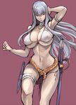  arm_up belt bikini breasts covered_nipples curvy detached_collar huge_breasts knife long_hair midriff narrow_waist navel red_eyes see-through selvaria_bles senjou_no_valkyria senjou_no_valkyria_1 sheath sheathed silver_hair simple_background solo swimsuit sword thigh_strap tsuda_nanafushi underboob weapon 