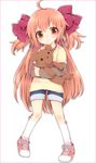  1girl ahoge bow brown_eyes brown_hair cigarette footwear hair_bow highres holding long_hair original rossia shoes short_twintails shorts sneakers socks solo standing stuffed_animal stuffed_toy teddy_bear twintails two_side_up very_long_hair 
