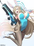  1girl :d animal_ears assault_rifle asuna_(blue_archive) asuna_(bunny)_(blue_archive) asymmetrical_footwear black_pantyhose blonde_hair blue_archive blue_eyes blue_footwear blue_halo blue_leotard blue_ribbon breasts bullpup covered_navel covered_nipples eyes_visible_through_hair fake_animal_ears famas floating_hair gloves gun hair_over_one_eye hair_ribbon halo hands_up hibi_tsuna high_heels highleg highleg_leotard highres holding holding_gun holding_weapon large_breasts leotard long_hair mismatched_footwear mole mole_on_breast official_alternate_costume pantyhose parted_bangs rabbit_ears ribbon rifle round_teeth sideboob smile solo teeth thighband_pantyhose trigger_discipline upper_body very_long_hair weapon white_gloves 