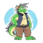 2018 accessory anthro belt best black_mane blue_clothing blue_topwear blue_vest bottomwear brown_bottomwear brown_clothing brown_pants claws clothed clothing countershade_tail countershade_torso countershading dragon eastern_dragon full-length_portrait fully_clothed gafreitasart green_body headband horn looking_at_viewer male mane morenatsu mythological_creature mythological_scalie mythology pants portrait red_headband scalie simple_background slightly_chubby slightly_chubby_anthro slightly_chubby_male smile solo tail tan_body tan_countershading tatsuki_(morenatsu) toe_claws topwear vest white_background