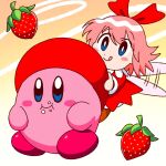  1girl beret blue_eyes blush_stickers colored_skin dress fairy fairy_wings food food_on_face fruit gradient_background hair_ribbon hat kirby kirby&#039;s_dream_buffet kirby_(series) pink_hair pink_skin red_dress red_hat red_ribbon ribbon ribbon_(kirby) solid_oval_eyes strawberry tongue tongue_out wings yutakunatu 