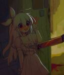  1girl ahoge alice_sawyer alice_sawyer_(artist) blood blood_on_weapon blush bow bra breasts choker cleavage dark dress hair_between_eyes hair_bow horror_(theme) indie_virtual_youtuber long_hair looking_down machete one_side_up open_mouth pink_bra red_eyes scared small_breasts sweatdrop underwear virtual_youtuber weapon white_bow white_choker white_hair 