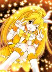  ;d bike_shorts blonde_hair boots bow bowtie brooch choker cure_peace hair_flaps highres jewelry kise_yayoi long_hair magical_girl naru_asuku one_eye_closed open_mouth orange_choker orange_neckwear precure shorts shorts_under_skirt skirt smile smile_precure! solo star starry_background v wrist_cuffs yellow yellow_bow yellow_eyes yellow_shorts yellow_skirt 