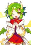  1girl absurdres blush brown_eyes china_dress chinese_clothes draco_centauros dragon_girl dragon_horns dragon_tail dragon_wings dress fang green_hair hair_ornament hairclip highres horns long_sleeves looking_at_viewer offbeat open_mouth pointy_ears puyopuyo red_dress short_hair smile solo tail wings 
