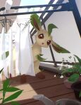  brown_eyes creature english_commentary laundry leaf leafeon looking_at_viewer nagasaki_wonderful no_humans open_mouth plant pokemon pokemon_(creature) potted_plant standing watering_can wooden_floor 
