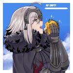  1girl ahoge akio_(akio1124) apple black_cape cape chain cloud commentary_request fate/grand_order fate_(series) food from_side fruit fur-trimmed_cape fur_trim gameplay_mechanics headpiece holding holding_food holding_fruit jeanne_d&#039;arc_alter_(fate) open_mouth sky solo vambraces white_hair yellow_eyes 