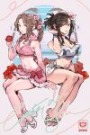  2girls aerith_gainsborough aerith_gainsborough_(pink_mermaid) beach bikini bikini_skirt black_hair braid braided_ponytail breasts brown_eyes brown_hair cleavage commentary drill_hair final_fantasy final_fantasy_vii final_fantasy_vii_rebirth final_fantasy_vii_remake flower frilled_bikini frills green_eyes hair_flower hair_ornament highres ippus large_breasts medium_breasts microskirt multiple_girls official_alternate_costume official_alternate_hairstyle palm_tree pink_bikini sandals sitting skirt smile swimsuit symbol-only_commentary thong_bikini tifa_lockhart tifa_lockhart_(shining_spirit) tree twin_drills white_bikini 