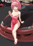  1girl aciverious_tippoline ahoge blush bow breasts cleavage dress gala_dress hair_ornament hair_ribbon high_heels highres hip_vent indie_virtual_youtuber looking_at_viewer nissan_s15_silvia nissan_silvia non-web_source pink_eyes pink_hair pinku_berry ribbon sideless_outfit sitting sitting_on_object small_breasts smile solo virtual_youtuber 