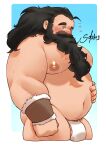  1boy absurdres bara beard big_belly blush brown_hair bulge cropped_legs dungeon_meshi dwarf facial_hair fat fat_man highres large_areolae large_pectorals loincloth long_beard looking_at_viewer male_focus no_headwear pectorals penis penis_peek senshi_(dungeon_meshi) solahr_(kayashima_soru) solo sparse_navel_hair sweat thick_arms thick_mustache very_long_beard 