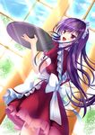  :d accel_world alternate_costume antenna_hair apron bad_id bad_pixiv_id blush bow enmaided frills from_behind highres kuroyukihime long_hair maid maid_headdress open_mouth purple_hair red_eyes smile solo toshi_(1-147) tray 