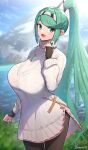  absurdres breasts earrings gem gold_necklace gonzarez grass green_eyes green_gemstone green_hair highres huge_breasts jewelry lake large_breasts looking_at_viewer necklace nintendo pantyhose pneuma_(xenoblade) ponytail smile sweater xenoblade_chronicles_(series) xenoblade_chronicles_2 