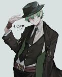  1boy ascot bad_hands belt black_ascot black_coat black_hat black_vest blazblue closed_eyes coat coat_on_shoulders collared_shirt commentary_request dated fedora green_hair grey_background hat hazama highres looking_at_viewer male_focus shirt short_hair simple_background smile solo vest white_shirt yukinohito_(koutyanomitai) 