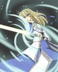  armor armored_dress artoria_pendragon_(all) bad_id bad_pixiv_id blonde_hair excalibur fate/stay_night fate_(series) gauntlets glowing glowing_sword glowing_weapon green_eyes hair_down ribbon saber sinner solo sword weapon wind 