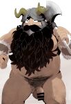  1boy absurdres axe bara battle_axe beard belly brown_hair completely_nude dungeon_meshi dwarf facial_hair fake_horns fat fat_man flaccid hachirouta helmet highres holding holding_axe horned_helmet horns long_beard looking_ahead male_focus male_pubic_hair muscular muscular_male nipples nude over_shoulder pectorals penis pubic_hair senshi_(dungeon_meshi) solo standing thick_mustache very_long_beard weapon weapon_over_shoulder 