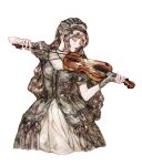  1girl bow_(music) breasts brown_hair cleavage closed_eyes commentary_request cropped_legs dress eyelashes floral_print flower green_dress hair_flower hair_ornament holding holding_instrument holding_violin instrument korean_commentary long_hair music original playing_instrument puffy_short_sleeves puffy_sleeves saelah_andlus short_sleeves sidelocks simple_background solo very_long_hair violin white_background 