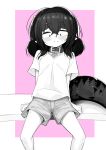  1girl artist_request black_hair blush border collar greyscale_with_colored_background hair_between_eyes horns looking_down original outside_border pink_background pointy_ears shirt short_sleeves short_twintails shorts sitting solo t-shirt tail thick_eyebrows twintails v-neck white_border 