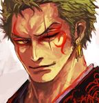  bad_id bad_pixiv_id earrings facial_mark green_hair jewelry looking_at_viewer lowres male_focus one_eye_closed one_piece roronoa_zoro scar smile solo tsuyomaru 
