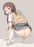  ano_natsu_de_matteru ass bow brown_eyes brown_hair butt_crack hair_bow kitahara_mio looking_back neyuki_rei open_mouth panties skirt skirt_lift solo squatting striped striped_panties underwear 