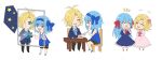  1boy 2girls ^_^ ahoge ascot bare_shoulders black_footwear black_pants blazer blonde_hair blue_bow blue_eyes blue_footwear blue_hair blue_jacket blue_ribbon blue_shirt blush_stickers book bow brown_shorts c: cake cake_slice chibi choker claire_elford claire_elford_(past) closed_eyes collared_shirt dress flower food fork frilled_dress frills hair_between_eyes hair_bow hair_flower hair_intakes hair_ornament hair_over_one_eye hair_ribbon hand_on_table holding holding_book holding_fork jacket long_hair long_sleeves looking_outside moon-realm multiple_girls noel_levine noel_levine_(past) open_mouth own_hands_together pants pink_dress pink_flower pink_footwear plate puffy_long_sleeves puffy_sleeves red_ascot red_choker red_footwear red_ribbon ribbon shirt short_hair shorts simple_background sleeveless sleeveless_shirt smile star_(symbol) table teeth upper_teeth_only white_background white_shirt window witch&#039;s_heart 