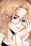  1boy black_eyes blonde_hair close-up empty_eyes glasses hand_up head_rest highres light_frown looking_at_viewer male_focus pago0024 portrait sano_manjirou tokyo_revengers 