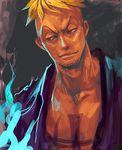  bad_id bad_pixiv_id blonde_hair blue_eyes blue_fire dutch_angle fire lips looking_away male_focus marco muscle one_piece smile solo tattoo tsuyomaru 