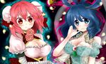  bandages bare_shoulders blue_eyes blue_hair blush breasts bun_cover cleavage covered_nipples double_bun flower hair_ornament hair_rings hair_stick ibaraki_kasen jewelry kaku_seiga large_breasts moryu multiple_girls necklace pink_hair red_eyes rose shawl short_hair smile touhou upper_body vest 