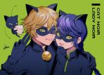  1boy adrien_agreste animal_ears bell black_bodysuit black_cat black_mask blue_hair bodysuit braid cat cat_boy cat_ears cat_girl chat_noir cheese closed_mouth food green_background green_eyes hibidaikansya2 jingle_bell lady_noir looking_at_viewer marinette_dupain-cheng mask miraculous_ladybug one_eye_closed open_mouth plagg_(miraculous_ladybug) simple_background single_braid slit_pupils smile superhero_costume 