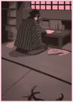  1boy black_hair from_behind haori japanese_clothes library male_focus original pointy_hair retro_artstyle sitting table tatami udukiao window 