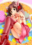  animal_ears bare_shoulders bell blush brown_hair cat_ears cat_tail fishnet_legwear fishnets garter_straps green_eyes high_heels idolmaster idolmaster_cinderella_girls lying maekawa_miku on_side open_mouth panties paw_pose ponnetsu ribbon shoes short_hair smile solo tail thighhighs underwear white_panties wrist_ribbon 