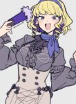  1girl blonde_hair blue_scarf blush buttons center_frills colored_inner_hair commentary constance_von_nuvelle do_m_kaeru drill_hair drill_sidelocks earrings fire_emblem fire_emblem:_three_houses frills garreg_mach_monastery_uniform grey_background hairband hand_fan holding holding_fan jewelry long_sleeves looking_at_viewer multicolored_hair open_mouth purple_eyes purple_hair purple_hairband scarf short_hair sidelocks simple_background smile solo twin_drills twitter_username 