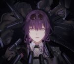  1girl black_jacket chest_harness collared_shirt eyewear_on_head gun handgun harness highres honkai:_star_rail honkai_(series) jacket john_wick kafka_(honkai:_star_rail) looking_at_viewer movie_poster parted_lips pointing_gun purple-tinted_eyewear purple_eyes purple_hair round_eyewear shirt solo_focus sunglasses tinted_eyewear weapon zassyoku_dd 