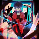  achiki black_eyes black_hair crossed_legs digital_media_player earphones jacket kagerou_project kisaragi_shintarou looking_at_viewer male_focus shoes sitting solo vocaloid 