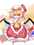  1girl ascot blonde_hair collared_shirt fangs flandre_scarlet frilled_shirt_collar frilled_skirt frilled_sleeves frills glowing glowing_wings gradient_background hair_between_eyes harakune_(mugennero) hat highres long_hair looking_at_viewer mob_cap multicolored_wings one_side_up open_mouth orange_background red_eyes red_skirt red_vest shirt simple_background skirt solo touhou vest white_hat white_shirt wings yellow_ascot 