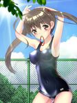  bad_id bad_pixiv_id brown_eyes brown_hair chain-link_fence fence highres long_hair mouth_hold one-piece_swimsuit original school_swimsuit shiny shiny_clothes solo swimsuit tenmitsu_yuka twintails 