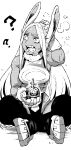 1girl ? ?? animal_ears bare_shoulders boku_no_hero_academia breasts crescent_print dark-skinned_female dark_skin explosive fur_collar globus_cruciger gloves grenade greyscale hand_on_own_head hand_up highres holding holding_grenade holy_hand_grenade indian_style ireading long_eyelashes long_hair looking_to_the_side medium_breasts mirko monochrome monty_python monty_python_and_the_holy_grail open_mouth parted_bangs rabbit_ears rabbit_girl sitting solo sweatdrop teeth thighhighs very_long_hair 