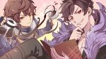  2boys artist_request belial_(granblue_fantasy) bishounen book brown_hair coffee coffee_cup coffee_pot commentary commentary_request cup disposable_cup feather_boa fingerless_gloves floating_liquid fujimura_ayumi gloves gradient_background granblue_fantasy hair_between_eyes hand_on_own_face holding holding_book hood hood_down light_smile multiple_boys official_art parted_bangs pectorals red_eyes sandalphon_(granblue_fantasy) sparkle_background 