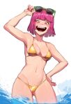  1girl arm_up bikini blunt_bangs blush breasts cowboy_shot english_commentary gold_bikini green-framed_eyewear hand_on_own_hip kollerss looking_at_viewer medium_breasts navel open_mouth original pink_eyes pink_hair short_hair smile solo sunglasses swimsuit teeth upper_teeth_only 