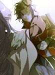  1boy 1girl aged_down baiheng_(honkai:_star_rail) black_hair blue_eyes blurry blurry_foreground blush hair_over_one_eye headpat highres honkai:_star_rail honkai_(series) interlocked_fingers long_hair long_sleeves looking_at_another looking_up open_mouth own_hands_clasped own_hands_together parted_bangs purple_hair short_hair white_background yingxing_(honkai:_star_rail) zassyoku_dd 