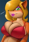 activision anthro bandicoot big_breasts blonde_hair bra breasts cleavage clothed clothing crash_bandicoot_(series) creatiffy digital_media_(artwork) eyeshadow female fur green_eyes hair hi_res huge_breasts humanoid lipstick long_hair looking_at_viewer makeup mammal marsupial simple_background smile solo tawna_bandicoot text topwear underwear